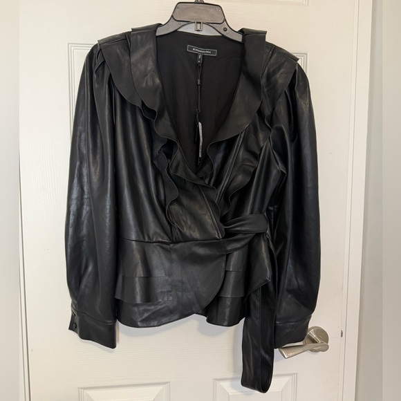 BCBGMAXAZRIA Black Ruffled Faux Leather wrap top- NWT- size XL - Picture 3 of 13